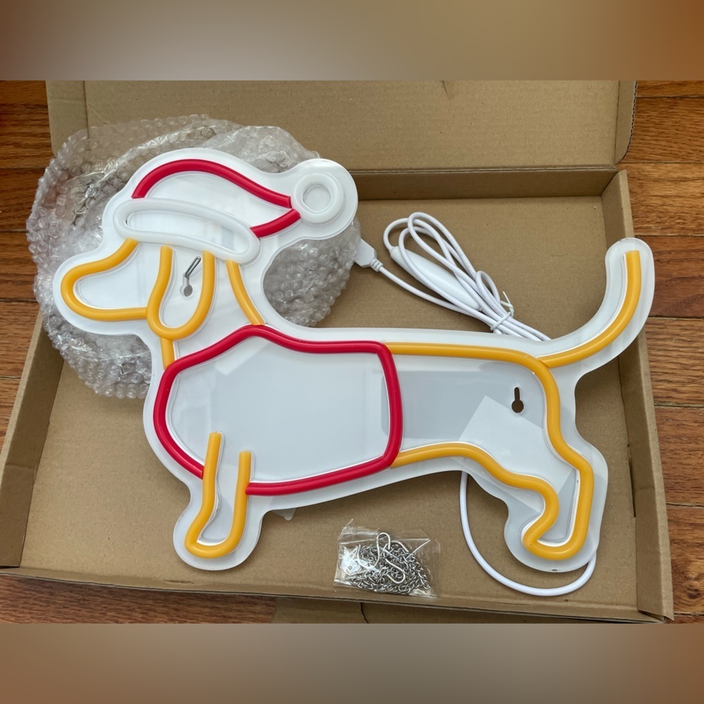 NEW Dachshund Neon Light Wall Decor - Red and Yellow Christmas Hat